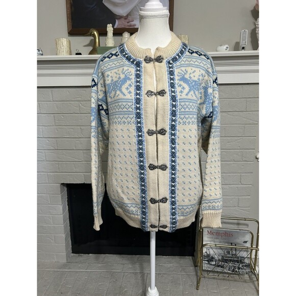 Dale of Norway Fair Isle Cardigan Sweater Blue White Women S Nordic Metal Clasps - Picture 1 of 6